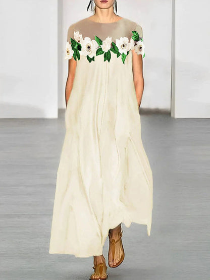 Loose Short Sleeves Flower-Embellished See-Through Split-Joint Round-neck Maxi Dresses