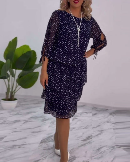 Dotty | Women's Polka Dot Tiered Midi Dress 3/4 Sleeve Chiffon