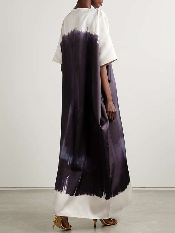 Batwing Sleeves Loose Contrast Color Printed Split-Joint Round-Neck Maxi Dresses