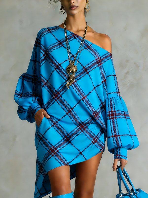 Long Sleeves Puff Sleeves Asymmetric Contrast Color Plaid Pleated One-Shoulder Mini Dresses