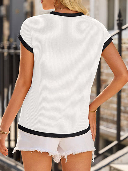 Loose Short Sleeves Colorful Contrast Color Pockets Round-neck T-Shirts Tops