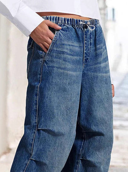 Pantalon en jean taille haute ample avec cordon de serrage et dégradé d'élasticité 