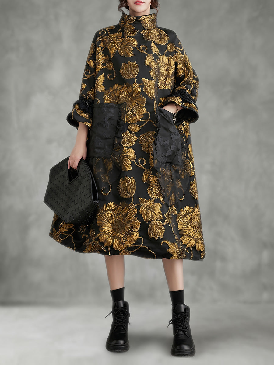 A-Line Flared Sleeves Contrast Color Flower Print Jacquard Pockets High Neck Midi Dresses