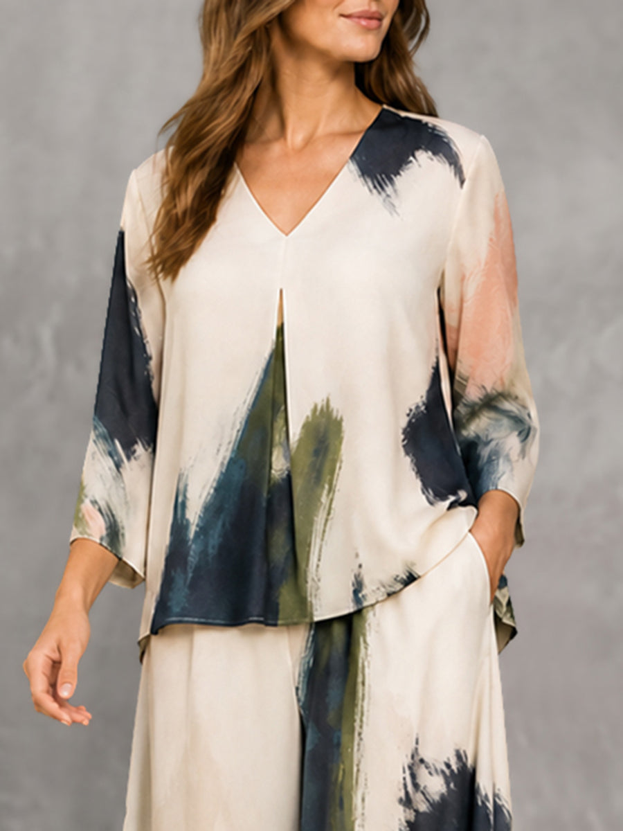 Versatile Printed Three-quarter Sleeves Loose V-neck Blouses&shirts Tops