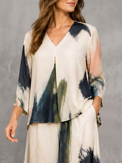 Versatile Printed Three-quarter Sleeves Loose V-neck Blouses&shirts Tops