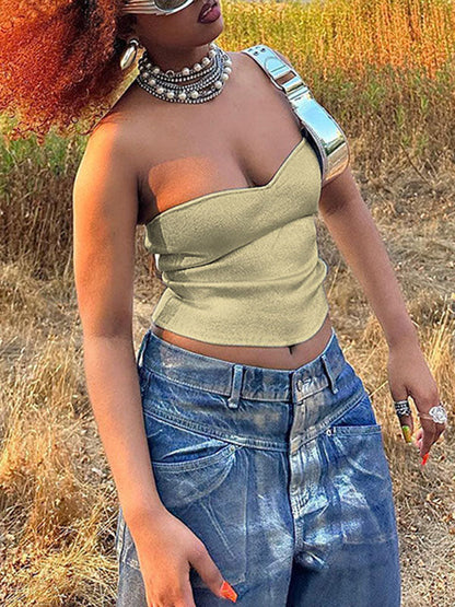 Skinny Sleeveless Shiny Solid Color Tube Vest Top