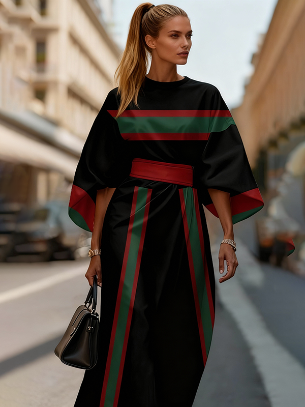 Batwing Sleeves Elasticated Waist Contrast Color Split-Joint Striped Round-Neck Midi Dresses