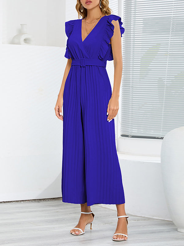High Waisted Loose Belted Pleated Ruffled Solid Color V-Neck Jumpsuits