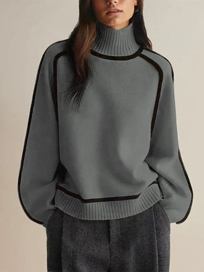 Long Sleeves Loose Contrast Color Split-Joint High Neck Pullovers Sweater Tops GRAY