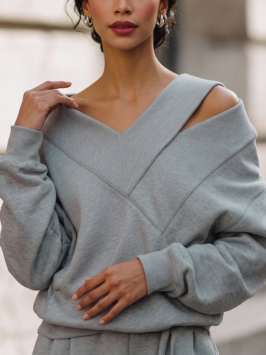 Split-Joint Solid Color Hollow Asymmetric Loose Long Sleeves Cold shoulder Sweatshirt Tops