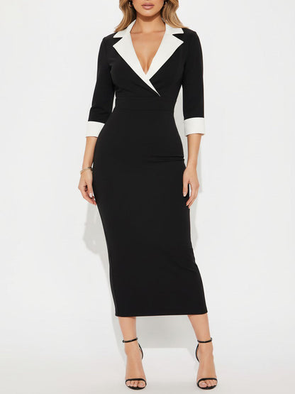 Bodycon Three-Quarter Sleeves Contrast Color Split-Side Notched Collar Blazer Midi Dresses