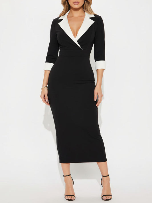 Bodycon Three-Quarter Sleeves Contrast Color Split-Side Notched Collar Blazer Midi Dresses