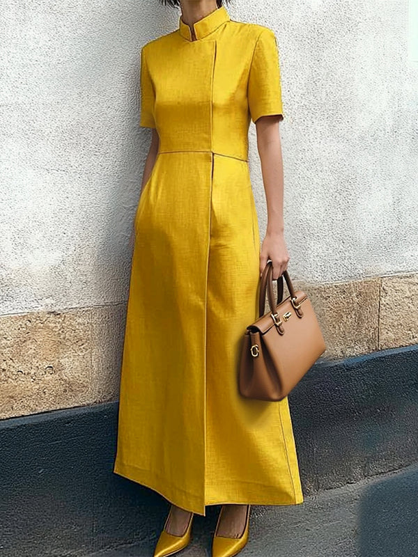 Short Sleeves Pockets Solid Color Split-Joint Stand Collar Maxi Dresses Shirt Dress