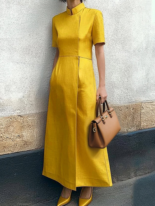 Short Sleeves Pockets Solid Color Split-Joint Stand Collar Maxi Dresses Shirt Dress