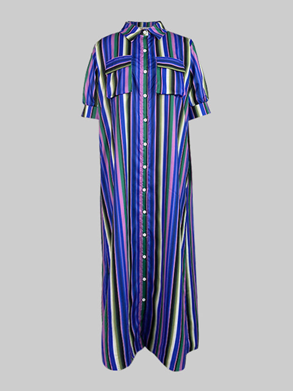 Long Sleeves Loose Split-Joint Striped Lapel Maxi Dresses Shirt Dress