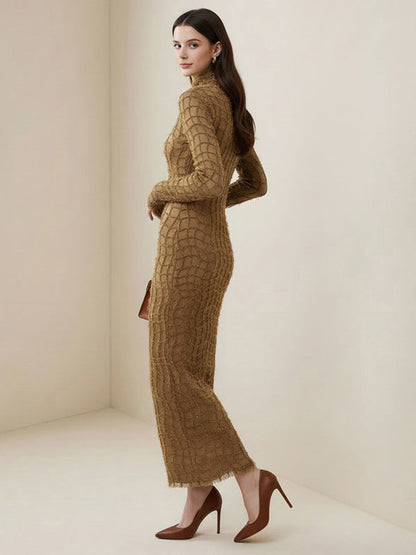 Bodycon Long Sleeves Checkered Solid Color Textured Zipper Half Turtleneck Maxi Dresses