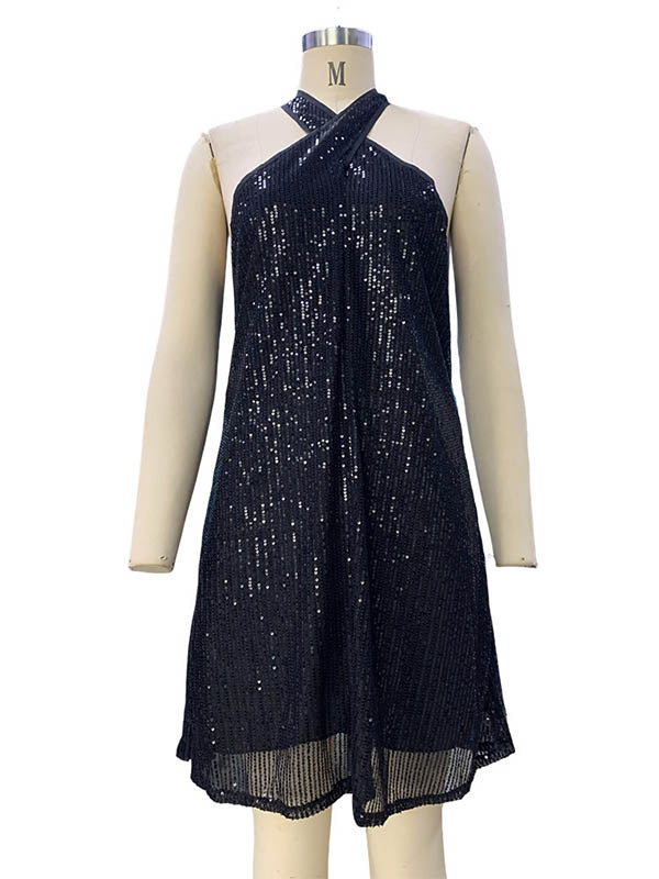 Mini-robes trapèze amples à paillettes creuses de couleur unie et col licou 