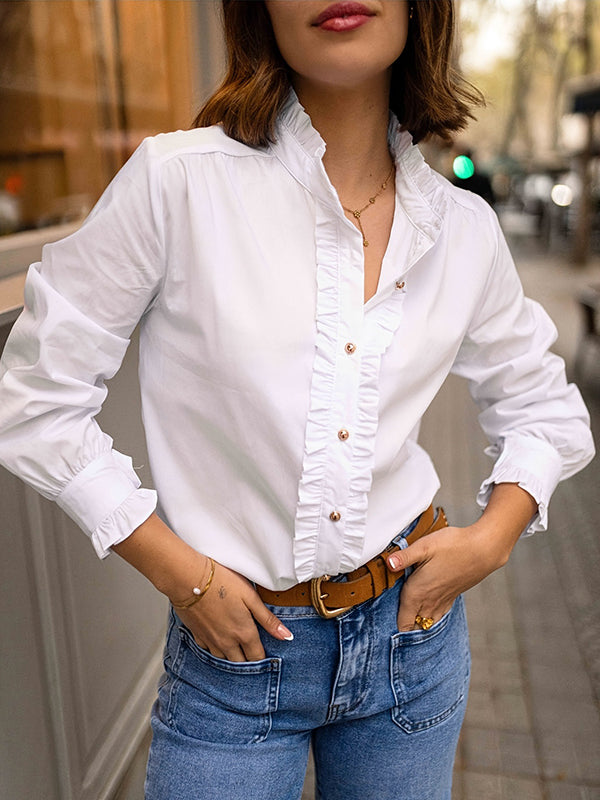 Long Sleeves Ruffled Split-Joint Round-Neck Blouses&Shirts Tops