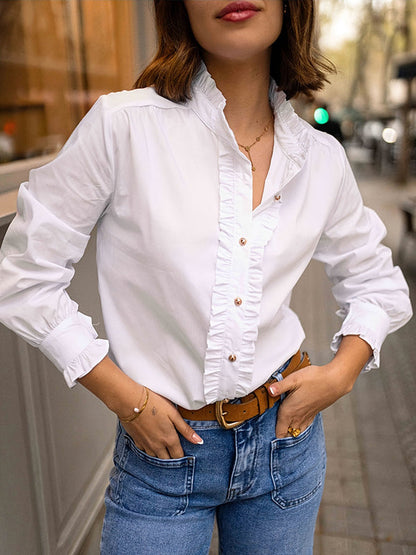 Long Sleeves Ruffled Split-Joint Round-Neck Blouses&Shirts Tops