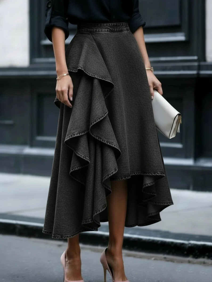 A-Line High Waisted Pleated Ruffled Solid Color Skirts Bottoms
