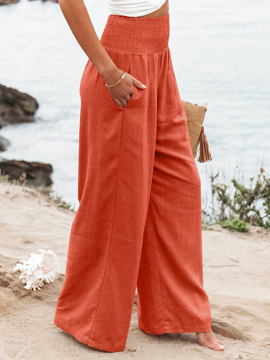 Elasticated Waist High Waisted Pleated Pockets Solid Color Split-Joint Pants