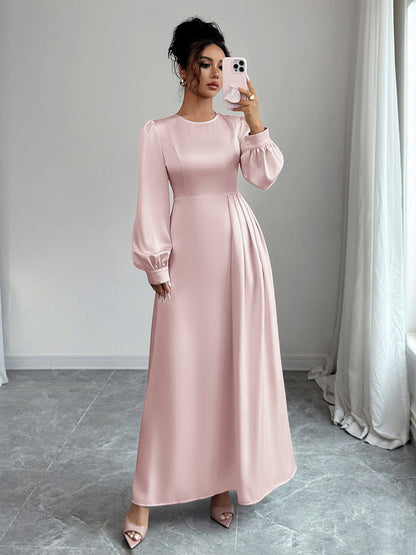 A-Line Elasticated Waist Asymmetric Pleated Solid Color Split-Joint Round-Neck Maxi Dresses
