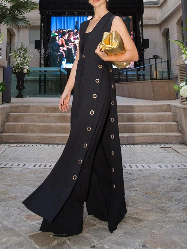 Loose Sleeveless Hollow Split-Joint Split-Side Streamer Deep V-Neck Vest Outerwear