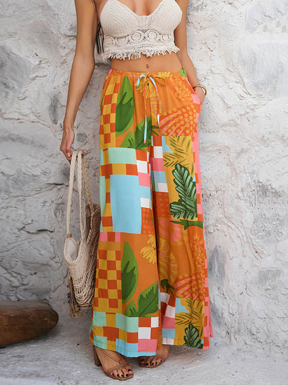 High Waisted Loose Contrast Color Drawstring Pockets Pants Trousers ORANGE