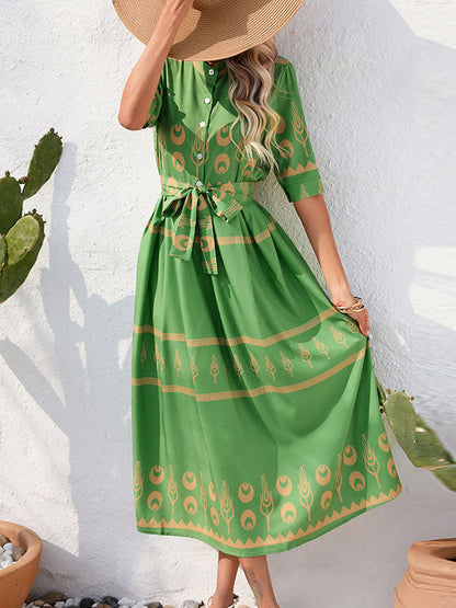 A-Line Half Sleeves Buttoned Tied Waist Lapel Midi Dresses