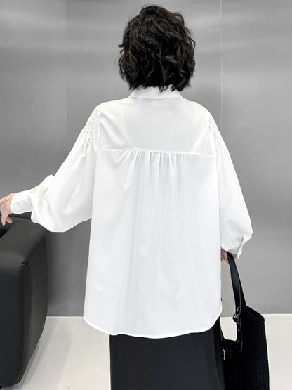 Long Sleeves Loose Buttoned Pleated Solid Color Polo Blouses&Shirts Tops