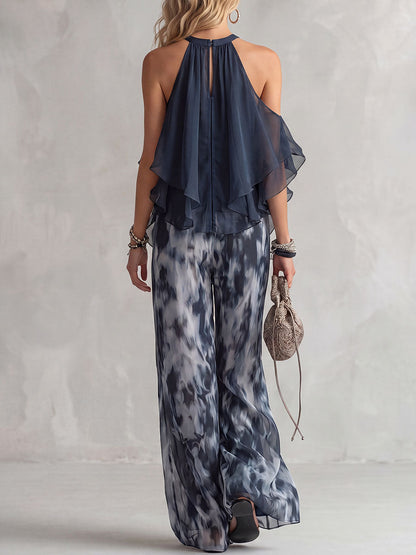 High Waisted Wide Leg Contrast Color Printed Pants Trousers