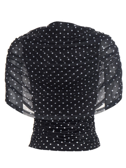See-Through Ruched Polka-Dot Contrast Color Sleeveless Skinny Heaps Collar Blouses&shirts Tops