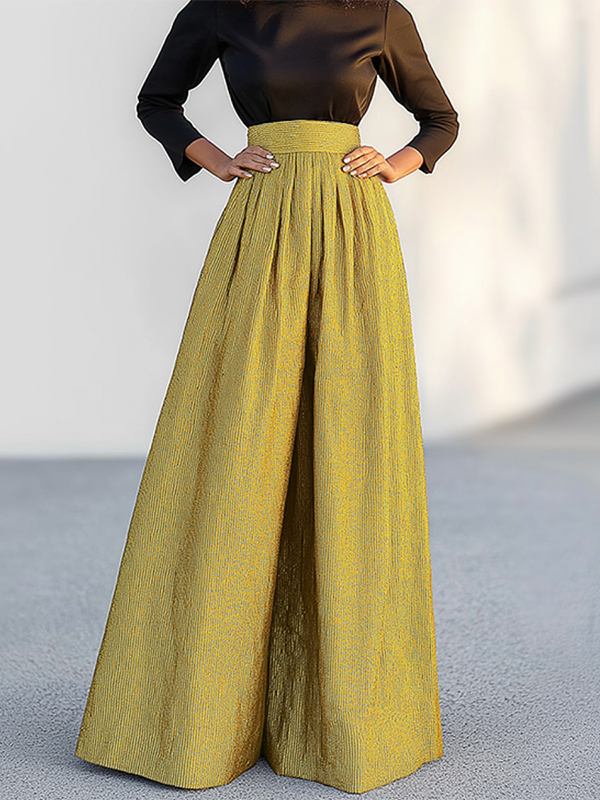 Loose Wide Leg Solid Color Casual Pants Bottoms Trousers GOLD
