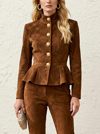 Elasticated Waist High Waisted Buttoned Contrast Color Ruffled Split-Joint Stand Collar Blazer Blouses&Shirts Tops
