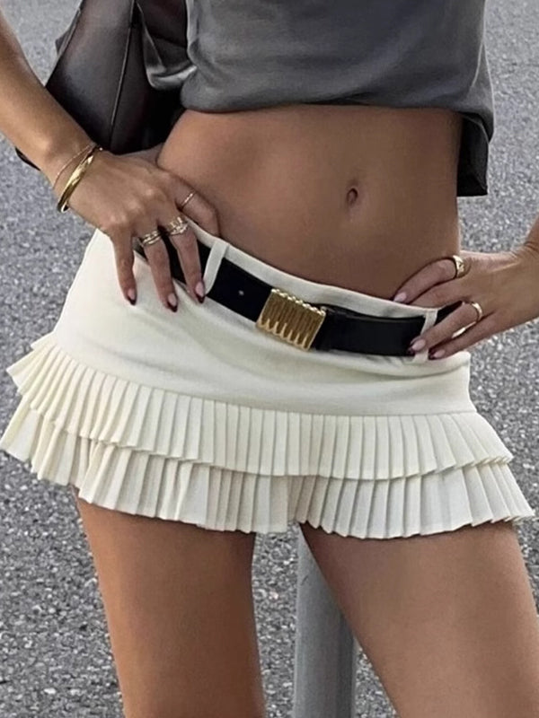 Loose No Belt Pleated Solid Color Skirts Bottoms