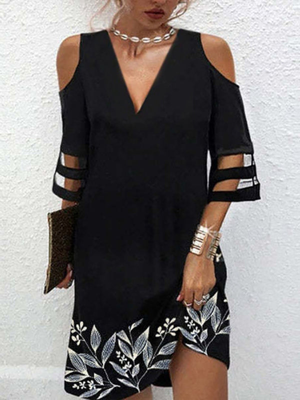 Robe courte ample à manches mi-longues et épaules dénudées, en maille imprimée à feuilles creuses 