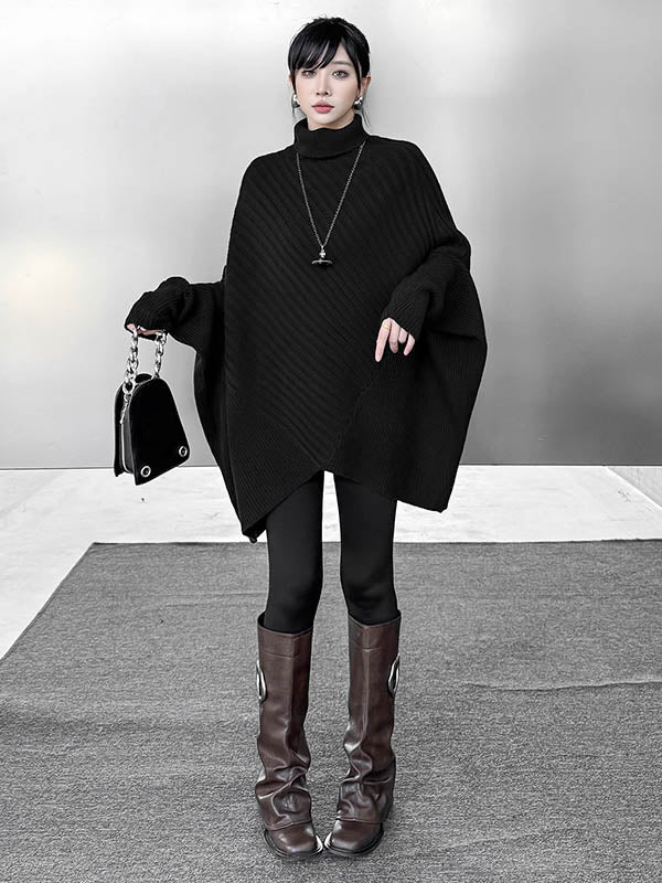 Batwing Sleeves Irregularity Asymmetric Ribbed Knit Solid Color Split-Joint High Neck Sweater Tops