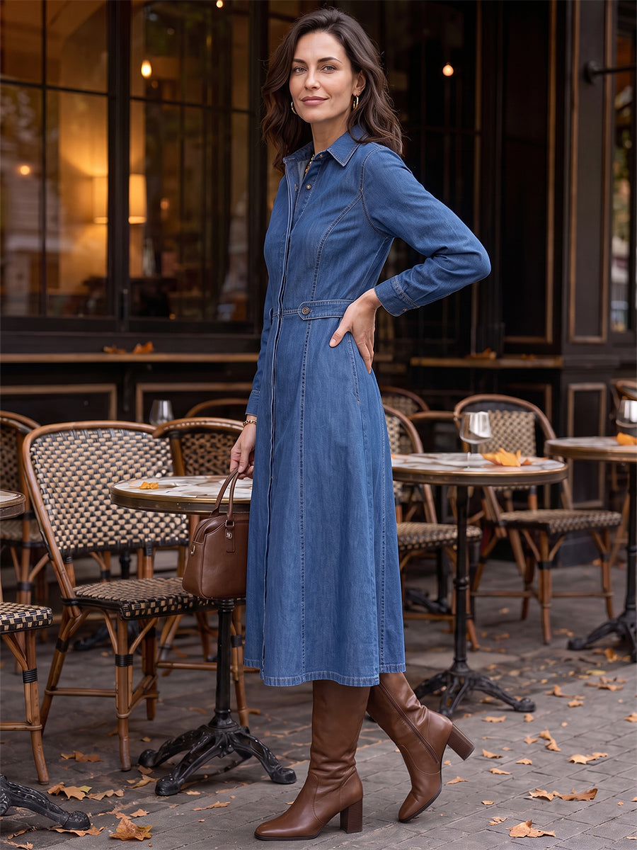 Split-Joint Solid Color Pockets Buttoned Long Sleeves High Waisted Lapel Midi Dresses