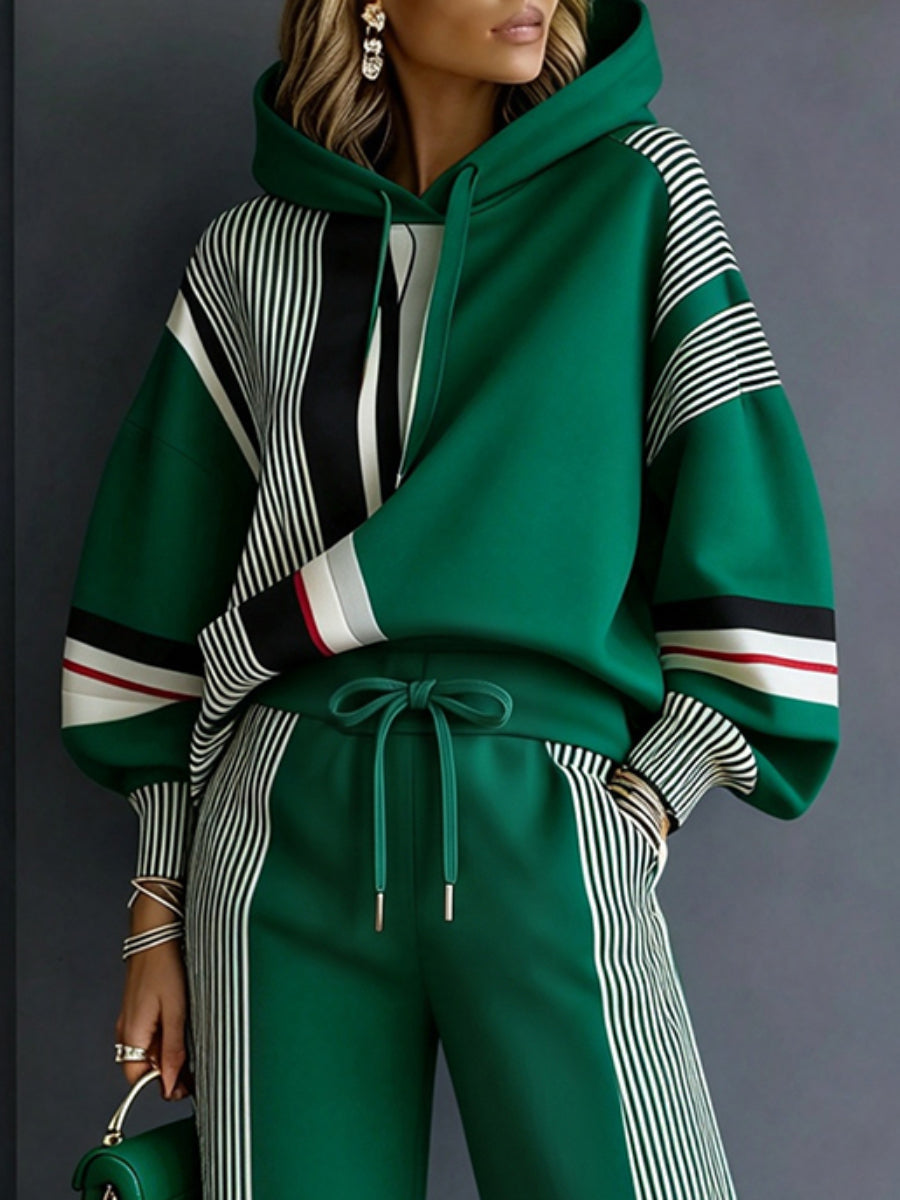 Striped Drawstring Contrast Color Loose Long Sleeves Hooded Sweatshirt Tops