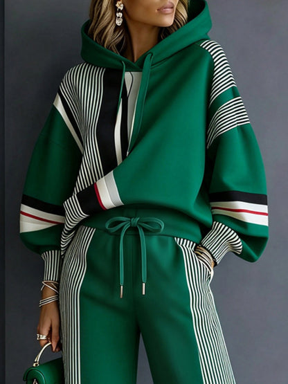Striped Drawstring Contrast Color Loose Long Sleeves Hooded Sweatshirt Tops
