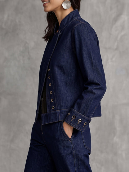 Solid Color Hollow Buttoned Long Sleeves Cropped Stand Collar Outerwear