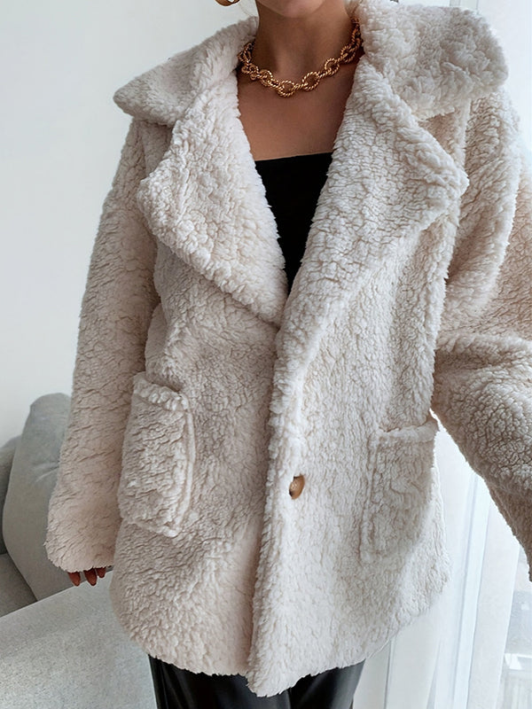 Manteau à manches longues, poches boutonnées amples, couleur unie, velours, col cranté 