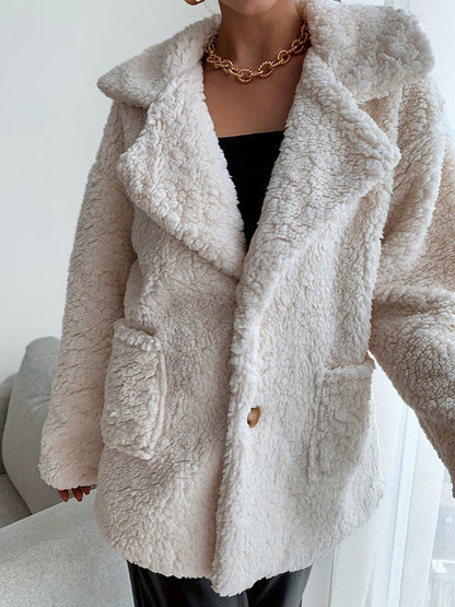 Manteau à manches longues, poches boutonnées amples, couleur unie, velours, col cranté 