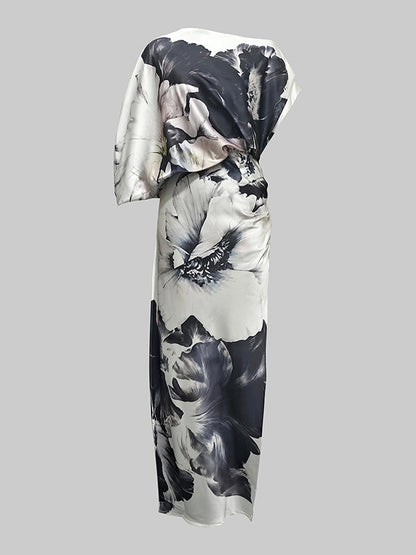 Batwing Sleeves Loose Asymmetric Floral Printed Split-Joint Split-Side One-Shoulder Evening Dresses Maxi Dresses