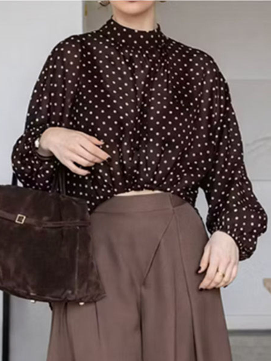 Polka-Dot Elasticity Contrast Color Loose Long Sleeves Mock Neck Blouses&shirts Tops