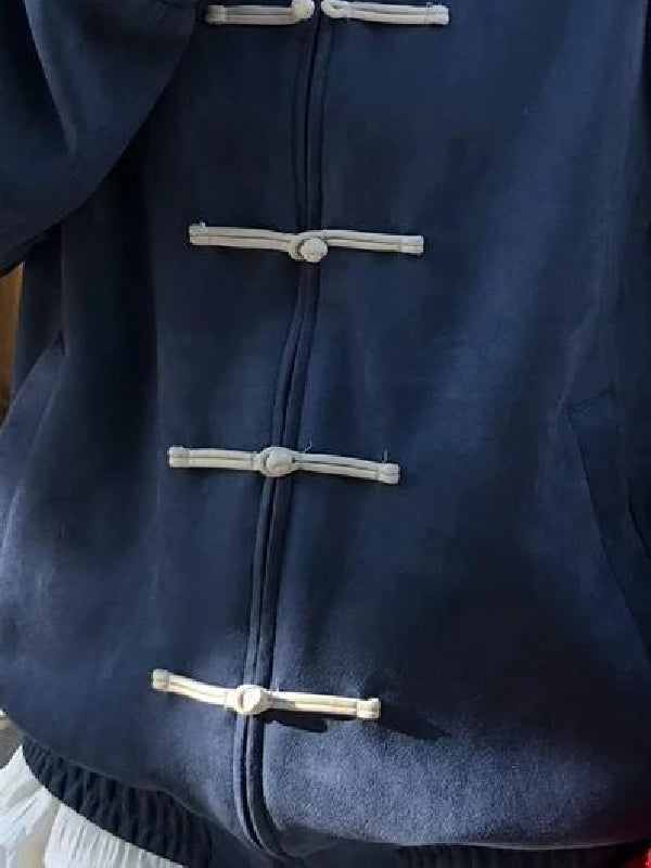 Long Sleeves Contrast Color Frog Closures Zipper Stand Collar Jackets Outerwear