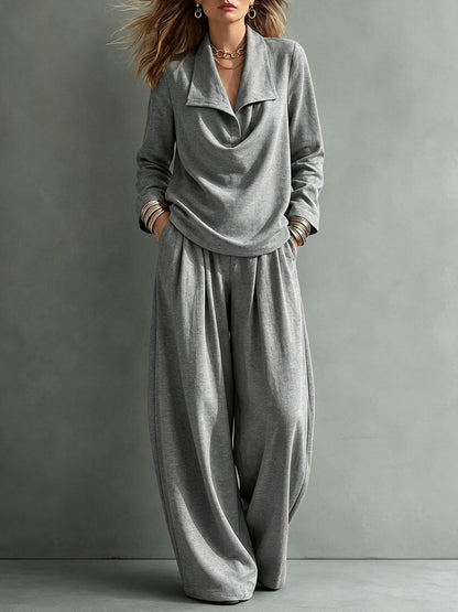 Solid Color Lapel Long Sleeves Blouses&shirts Tops + High Waisted Pleated Pockets Pants Trousers Two Pieces Set