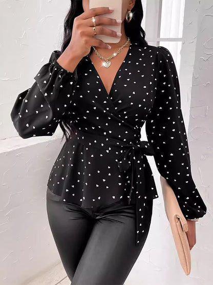 Long Sleeves Puff Sleeves Heart Print Tied Waist Deep V-Neck Blouses&Shirts Tops