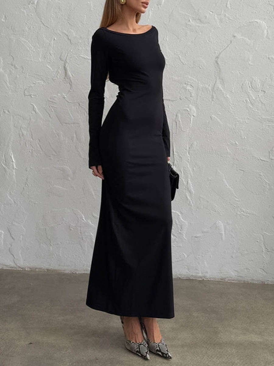 Bodycon High Waisted Backless Solid Color Round-Neck Maxi Dresses