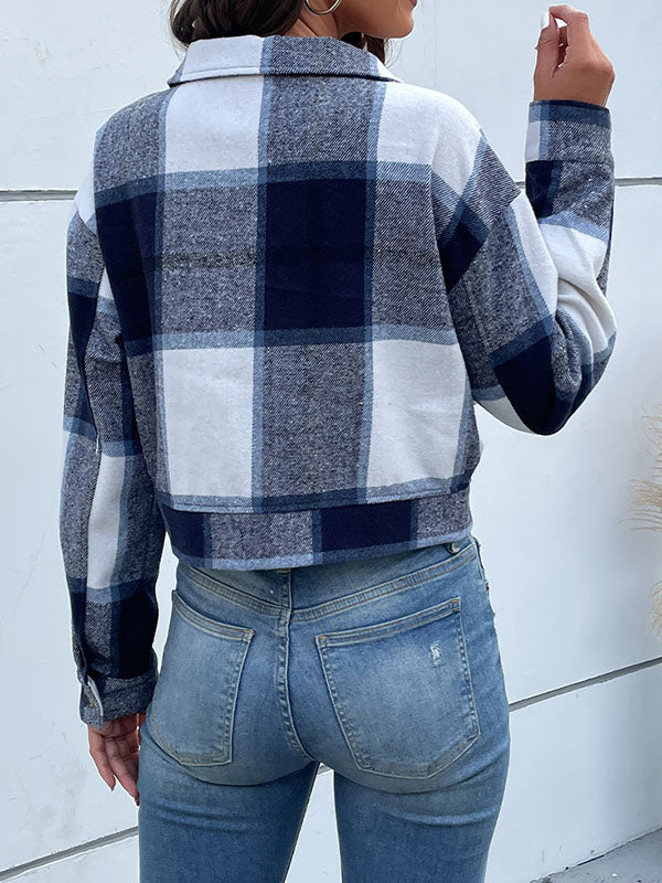 Long Sleeves Loose Buttoned Plaid Pockets Split-Joint Lapel Jackets Outerwear